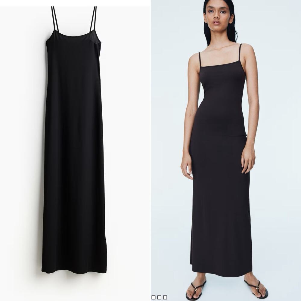 H&M Divided Ribbed Knit Maxi Bodycon Dress Black XS Strappy Square Neck